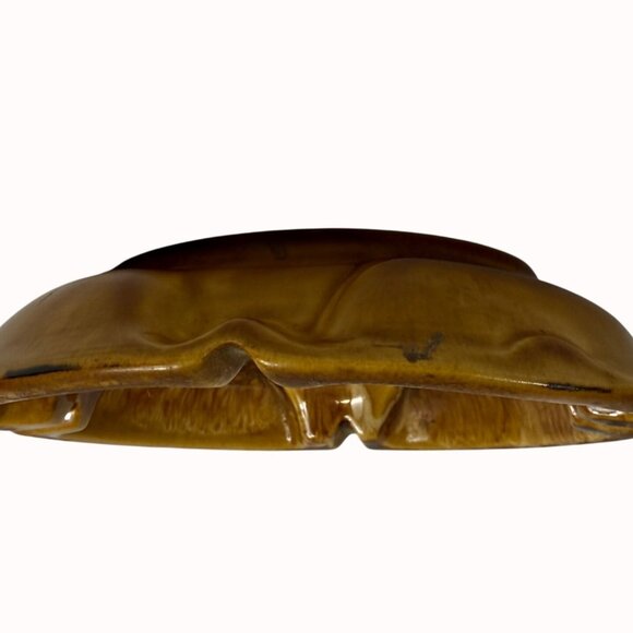 MCM Retro 60s Ashtray USA Pottery Drip Glazed VTG Mustard Yellow Brown Grooves - Picture 5 of 12